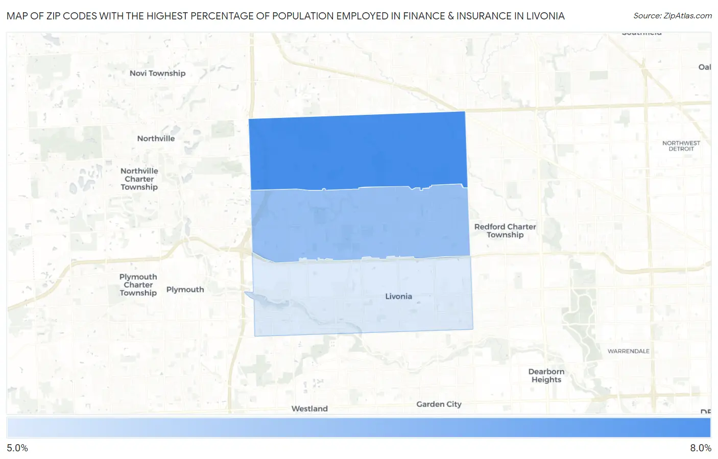 Zip Codes with the Highest Percentage of Population Employed in Finance & Insurance in Livonia Map