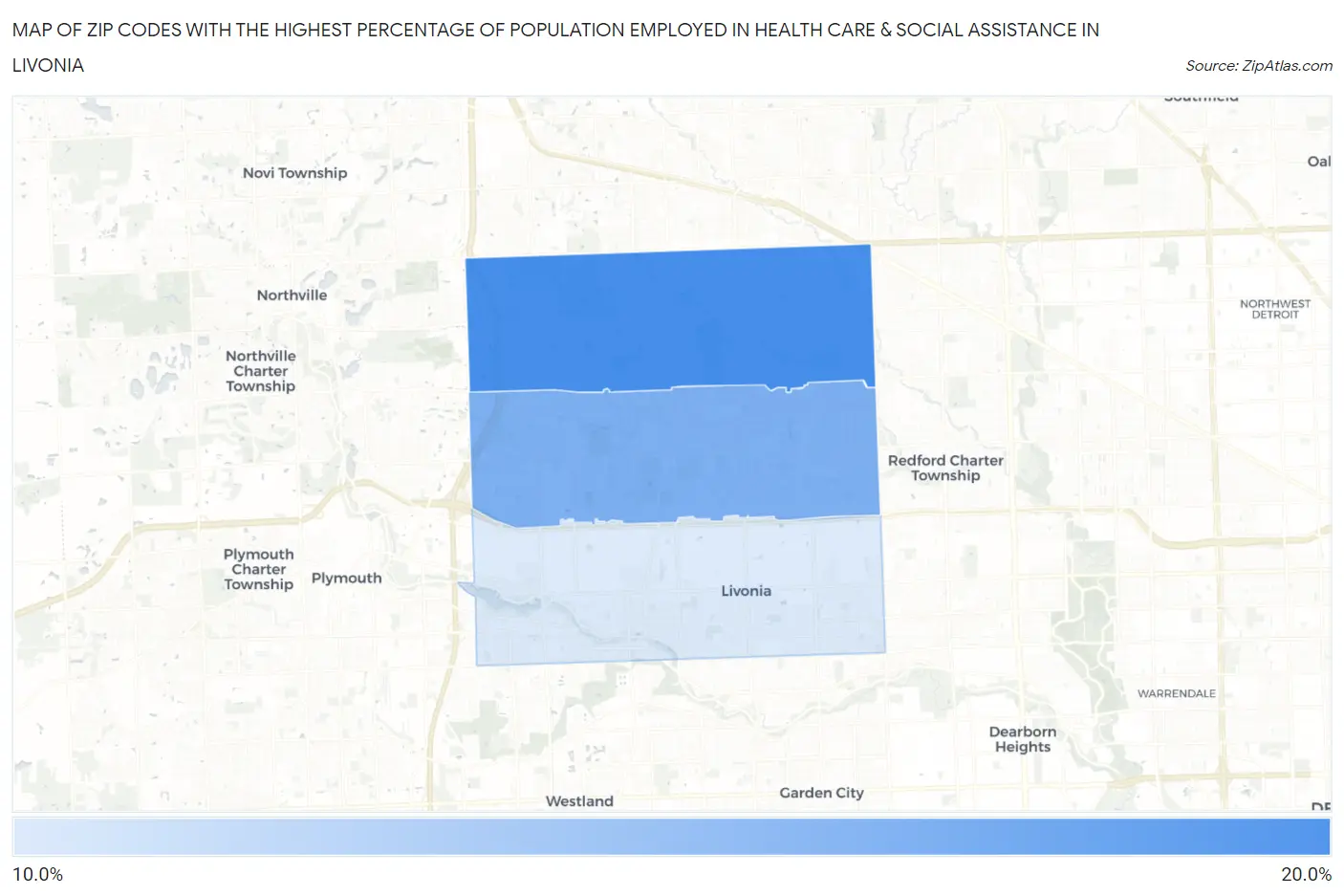 Zip Codes with the Highest Percentage of Population Employed in Health Care & Social Assistance in Livonia Map