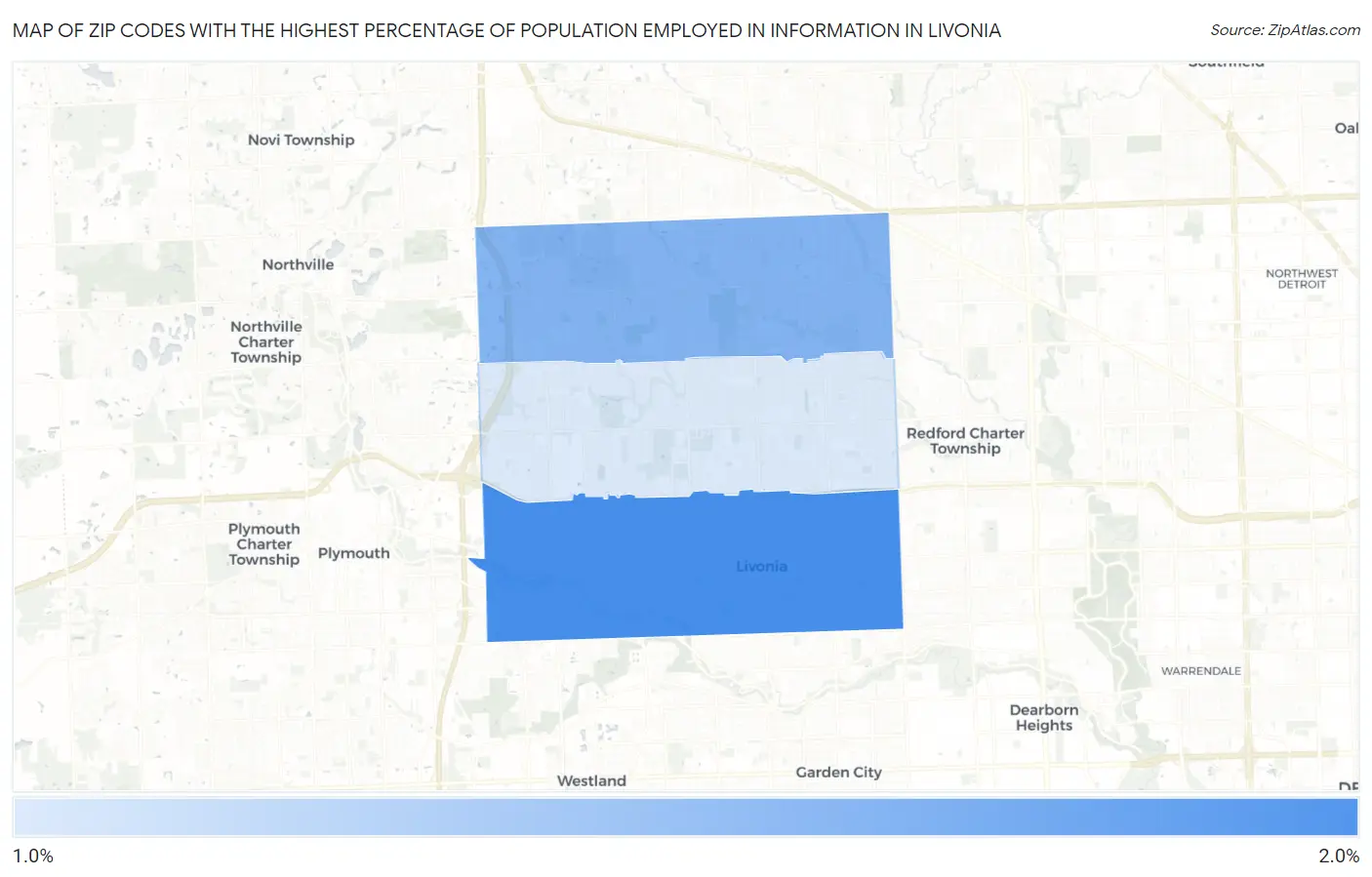 Zip Codes with the Highest Percentage of Population Employed in Information in Livonia Map