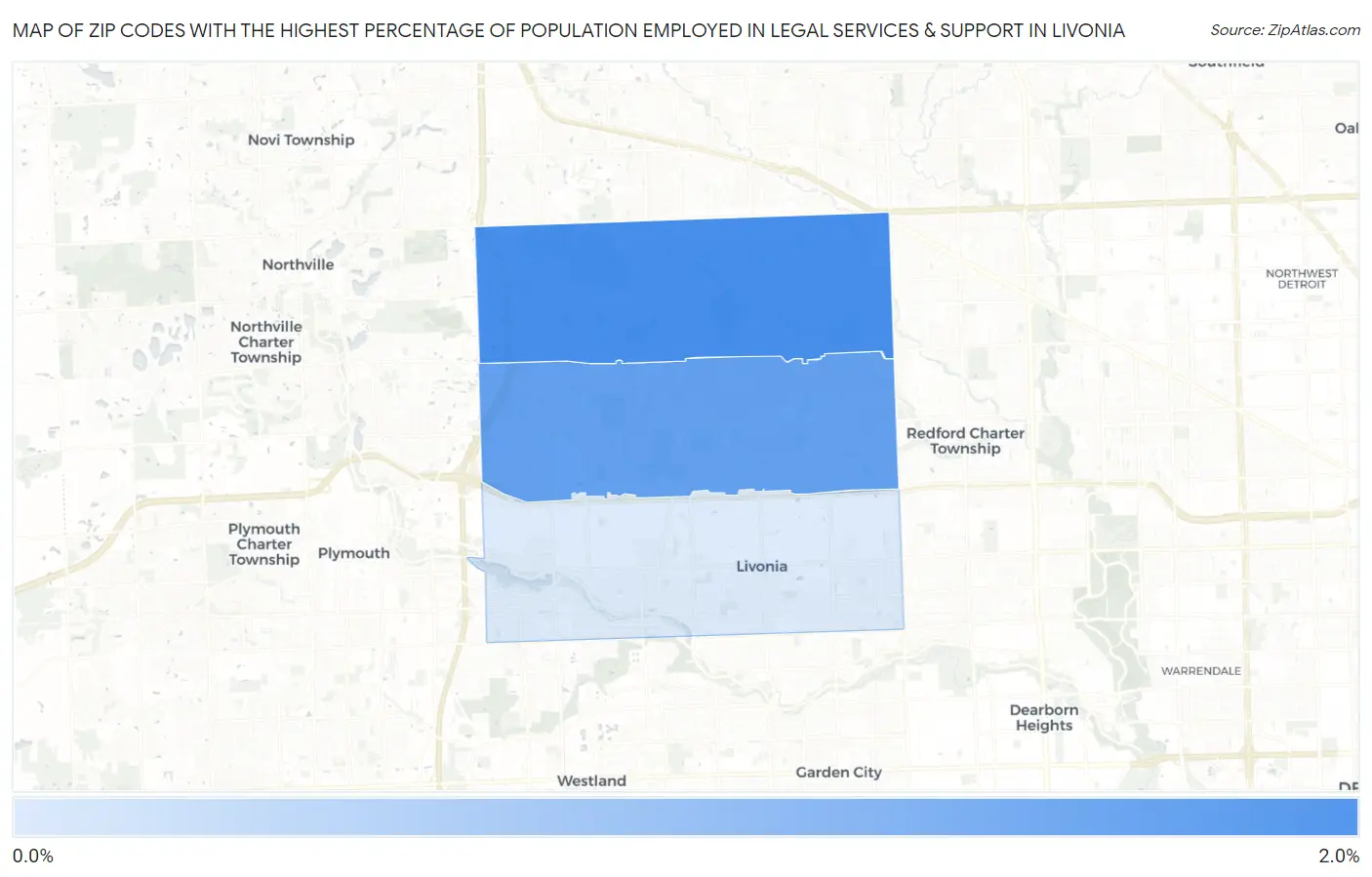Zip Codes with the Highest Percentage of Population Employed in Legal Services & Support in Livonia Map