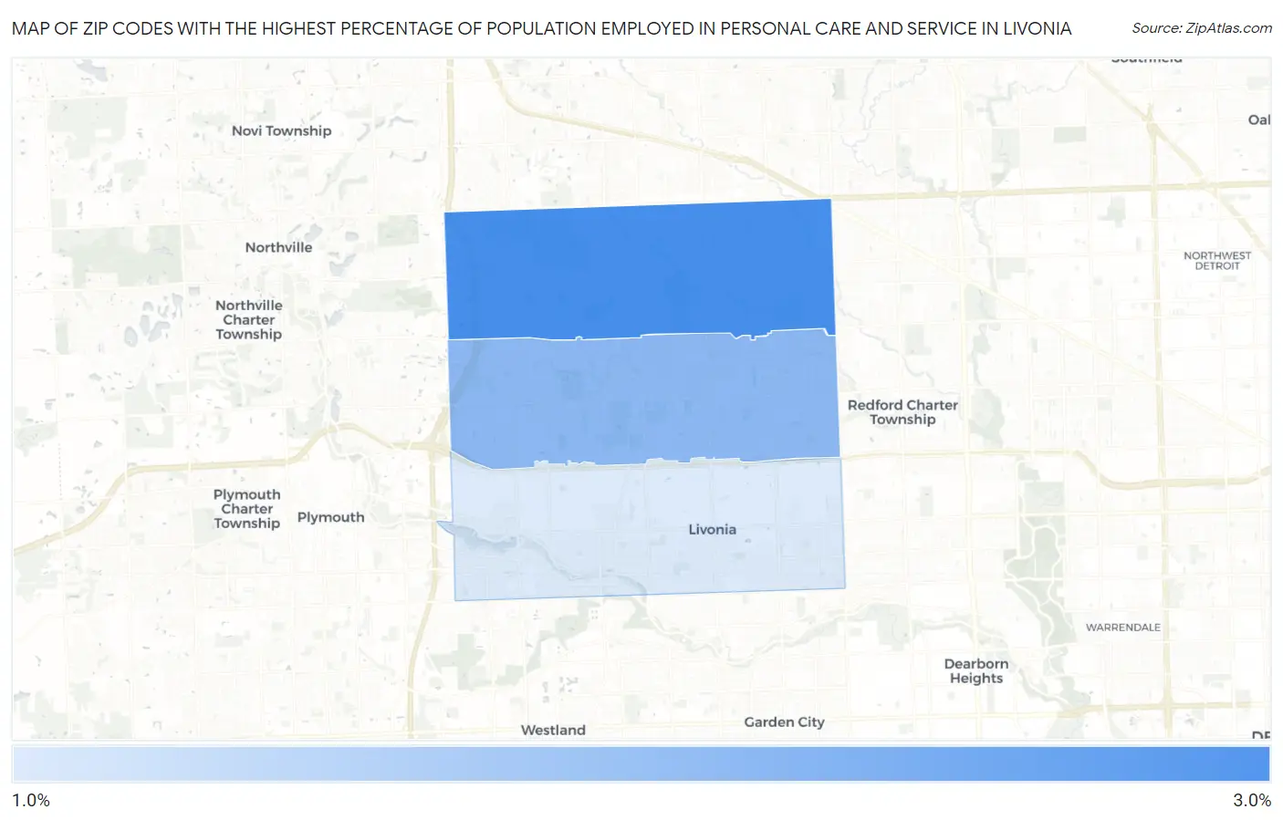 Zip Codes with the Highest Percentage of Population Employed in Personal Care and Service in Livonia Map
