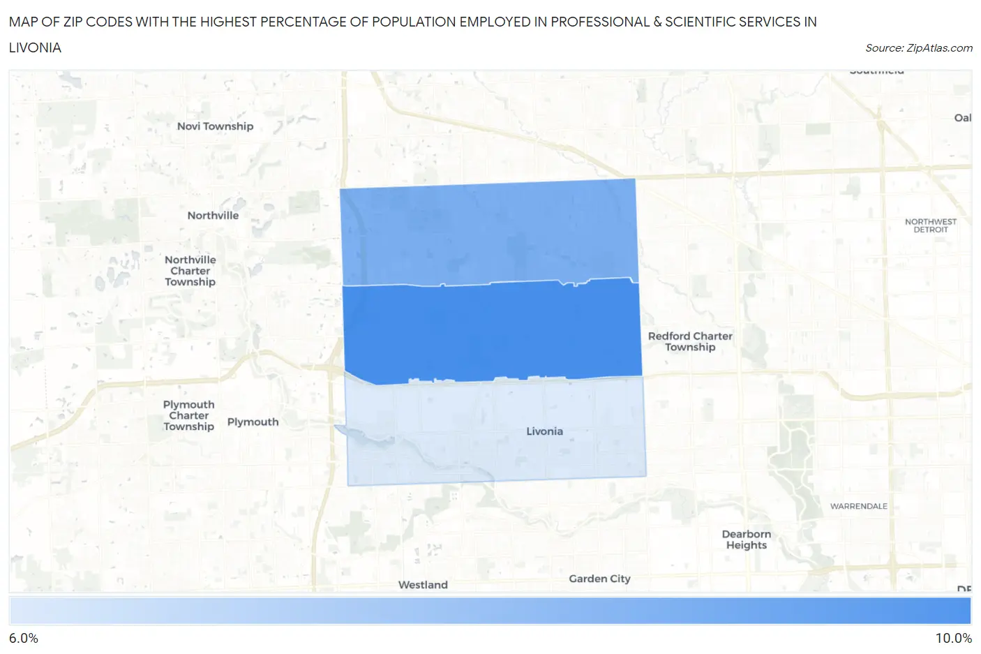 Zip Codes with the Highest Percentage of Population Employed in Professional & Scientific Services in Livonia Map