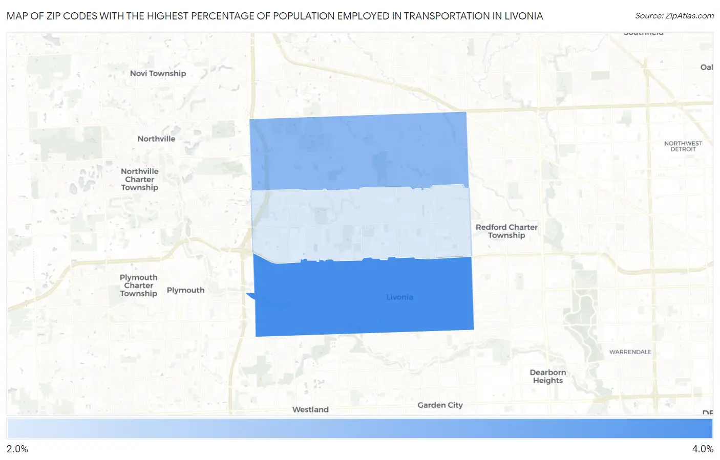 Zip Codes with the Highest Percentage of Population Employed in Transportation in Livonia Map
