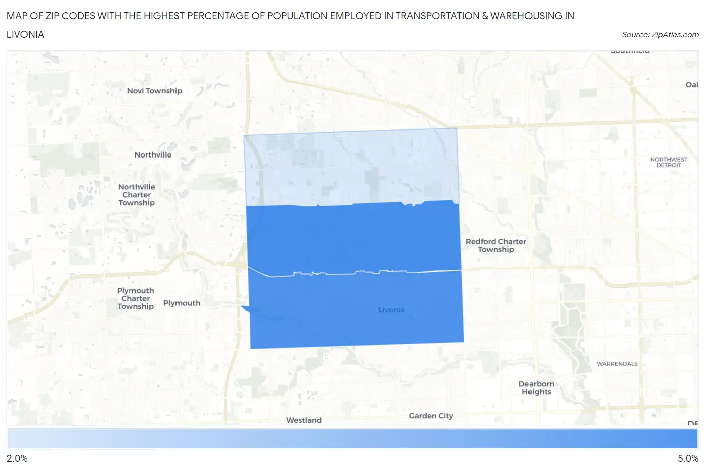 Zip Codes with the Highest Percentage of Population Employed in Transportation & Warehousing in Livonia Map
