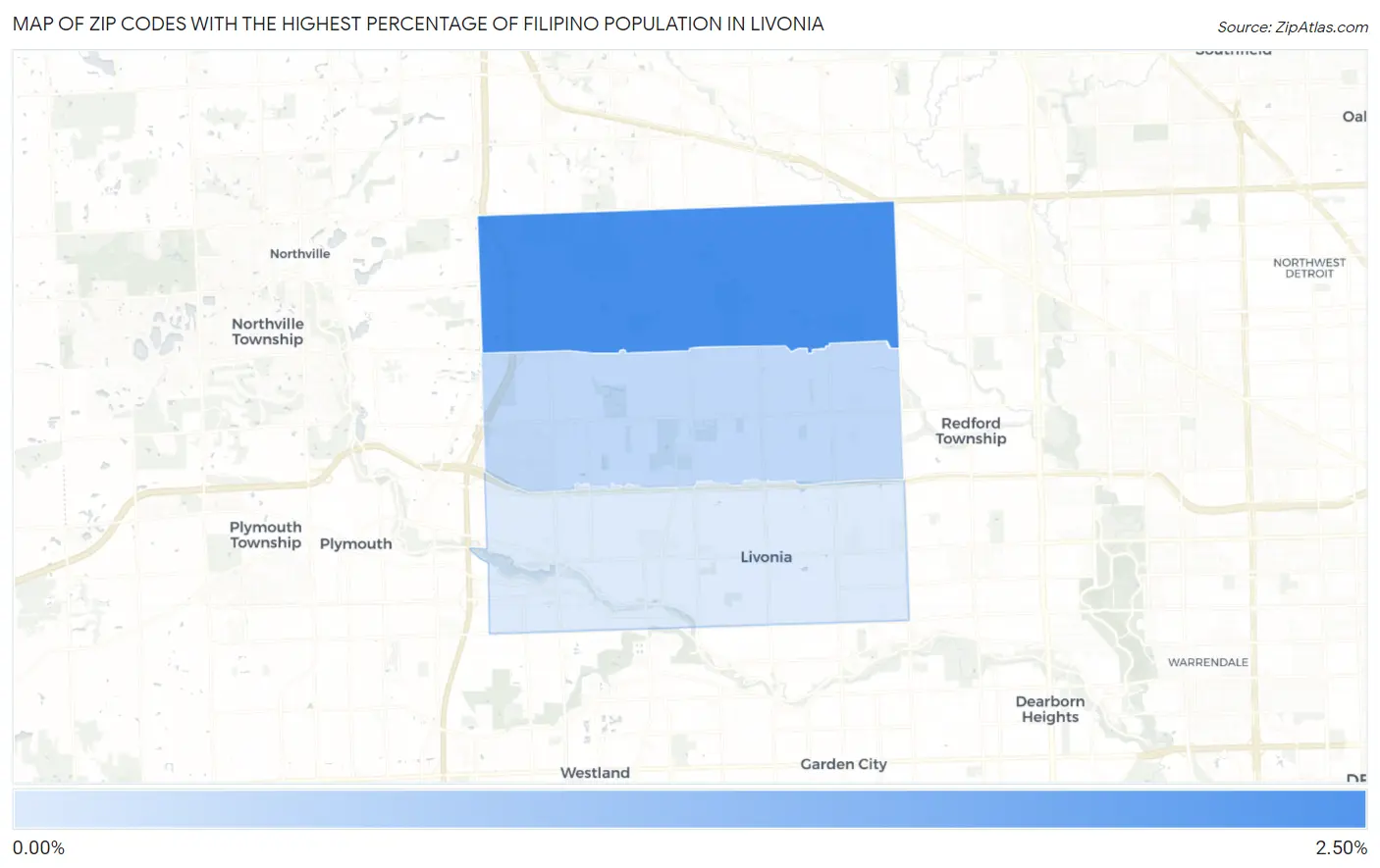 Zip Codes with the Highest Percentage of Filipino Population in Livonia Map