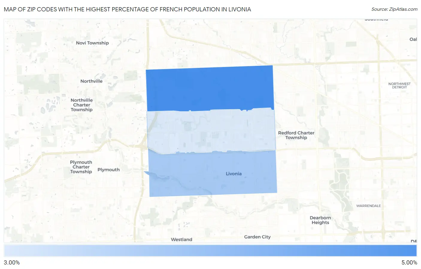 Zip Codes with the Highest Percentage of French Population in Livonia Map