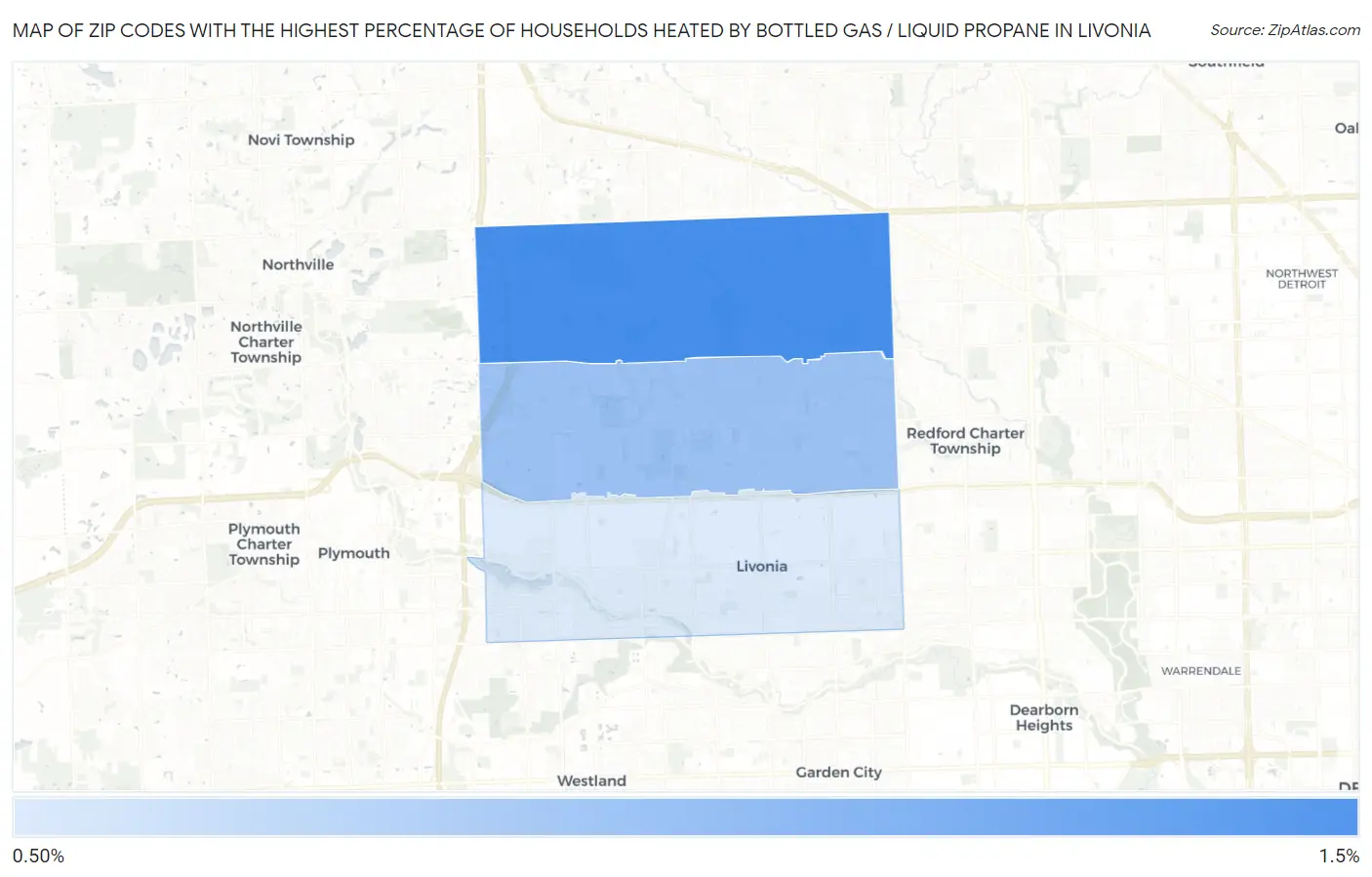 Zip Codes with the Highest Percentage of Households Heated by Bottled Gas / Liquid Propane in Livonia Map