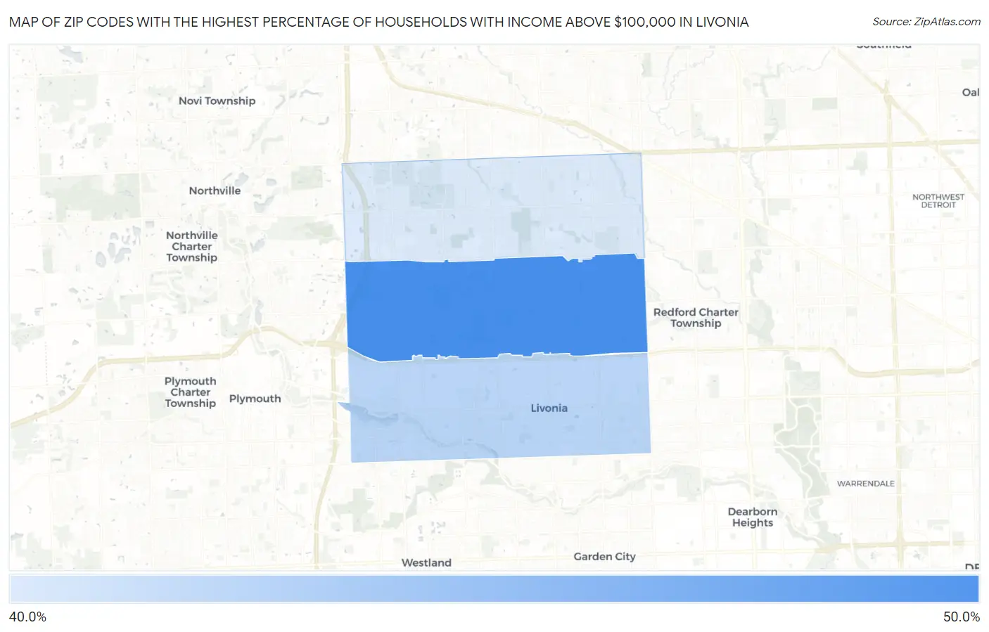 Zip Codes with the Highest Percentage of Households with Income Above $100,000 in Livonia Map