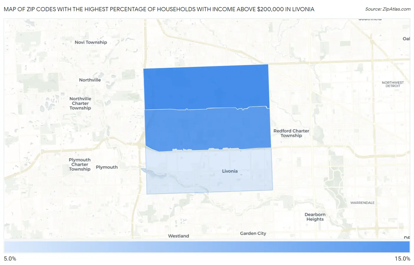 Zip Codes with the Highest Percentage of Households with Income Above $200,000 in Livonia Map