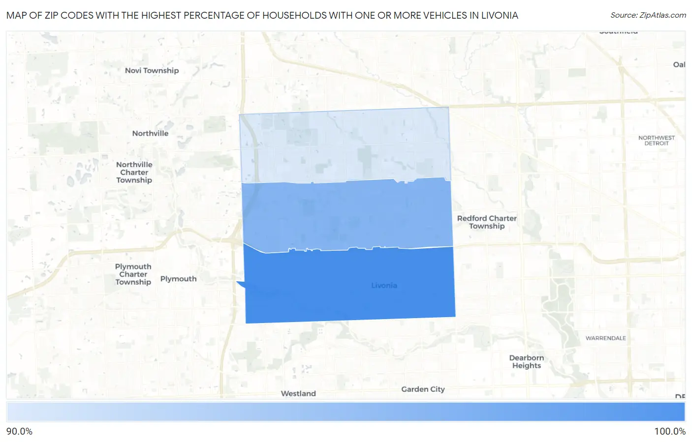 Zip Codes with the Highest Percentage of Households With One or more Vehicles in Livonia Map