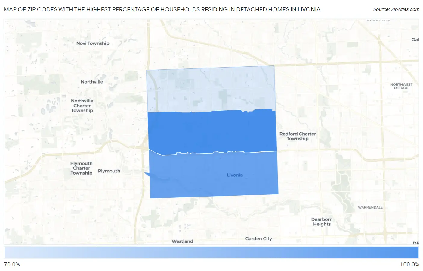 Zip Codes with the Highest Percentage of Households Residing in Detached Homes in Livonia Map