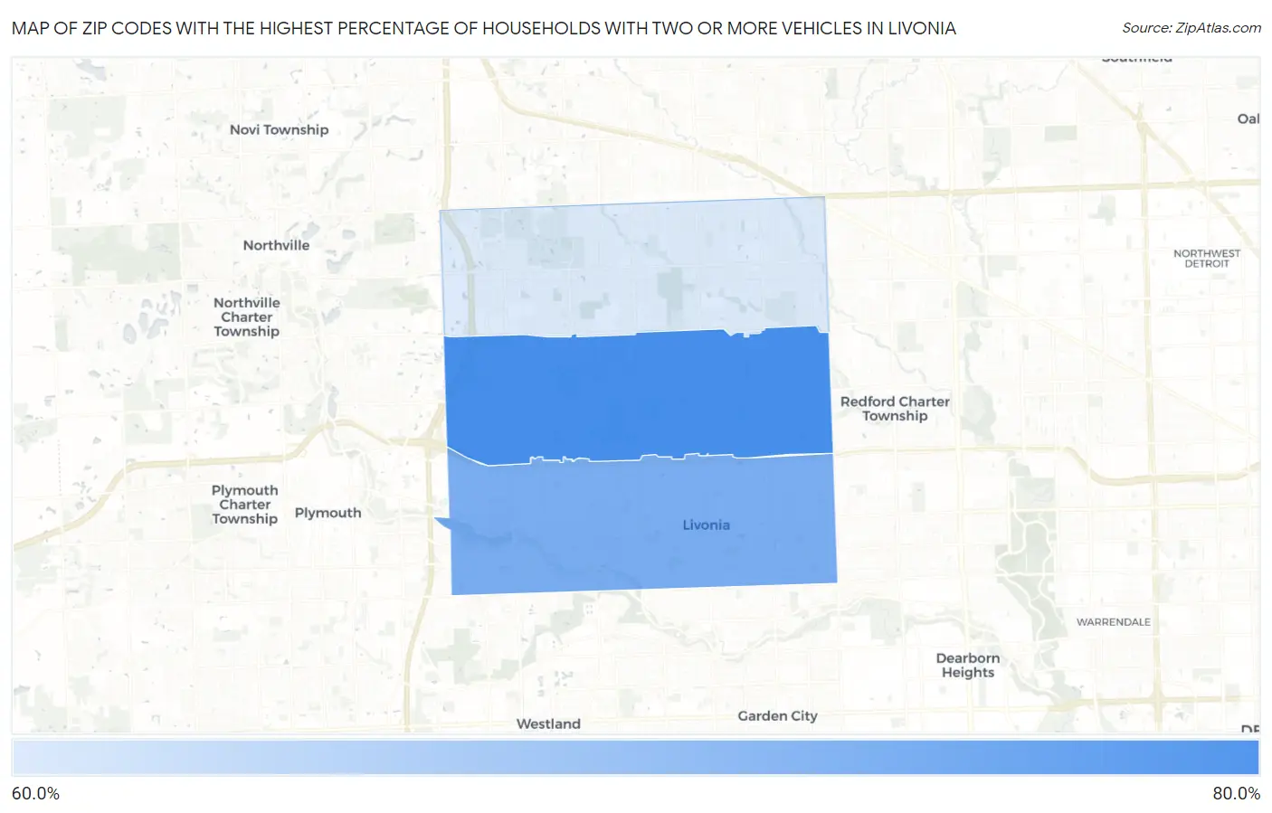 Zip Codes with the Highest Percentage of Households With Two or more Vehicles in Livonia Map