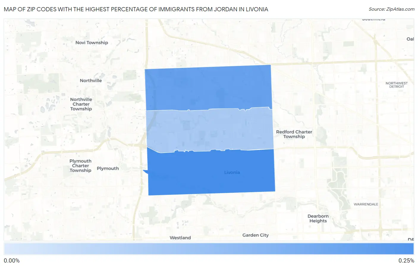 Zip Codes with the Highest Percentage of Immigrants from Jordan in Livonia Map