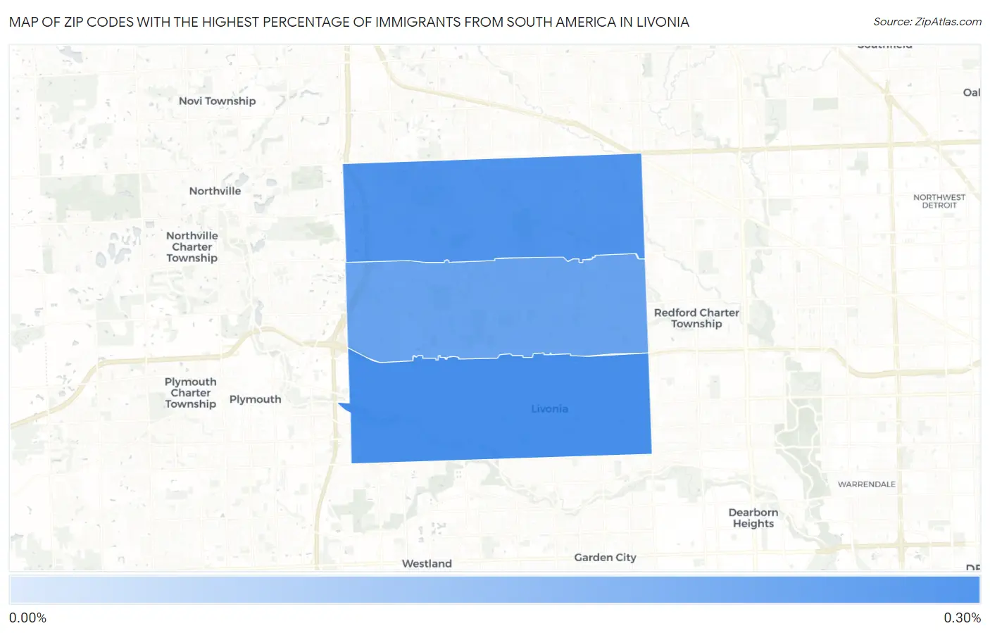 Zip Codes with the Highest Percentage of Immigrants from South America in Livonia Map