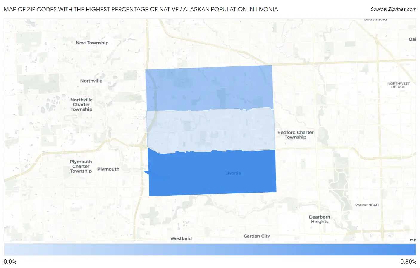 Zip Codes with the Highest Percentage of Native / Alaskan Population in Livonia Map