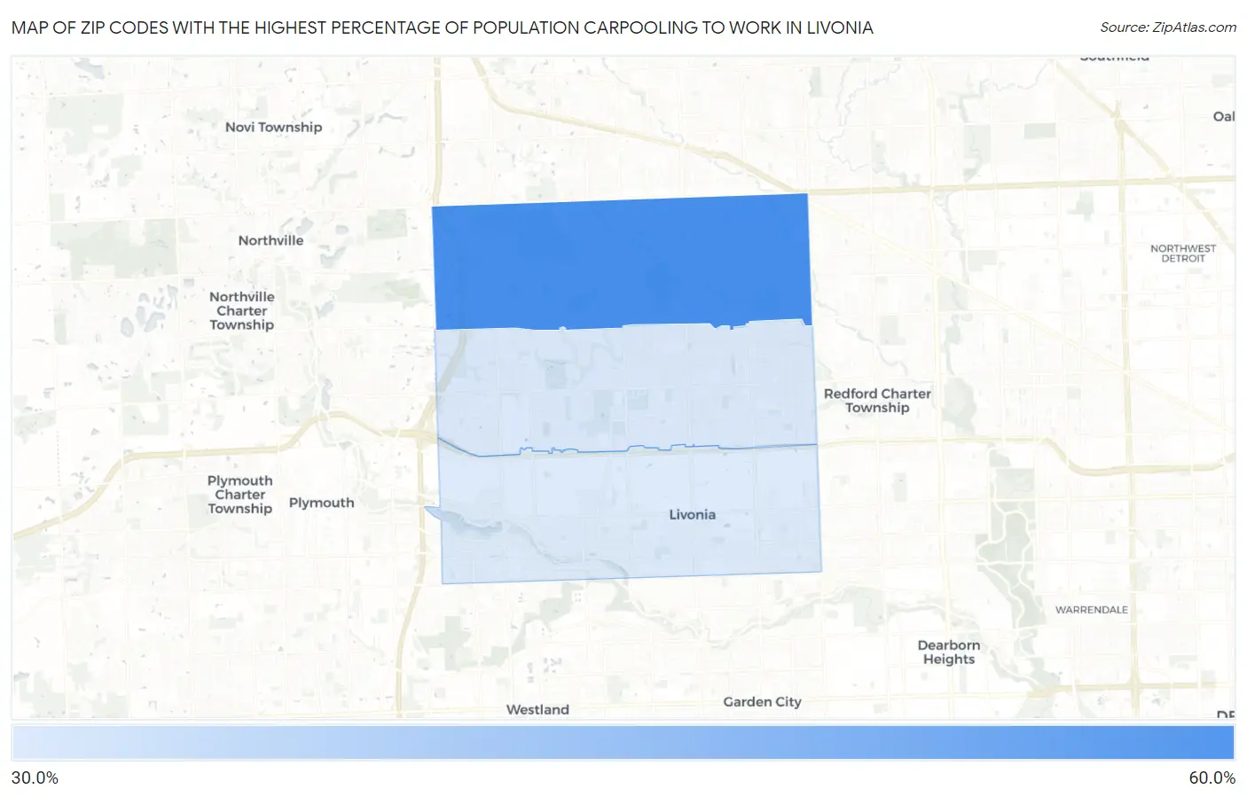 Zip Codes with the Highest Percentage of Population Carpooling to Work in Livonia Map
