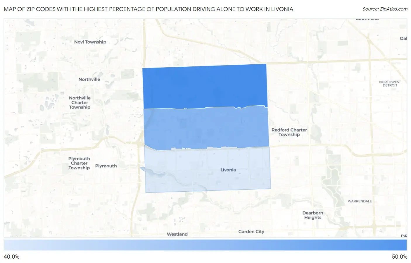 Zip Codes with the Highest Percentage of Population Driving Alone to Work in Livonia Map