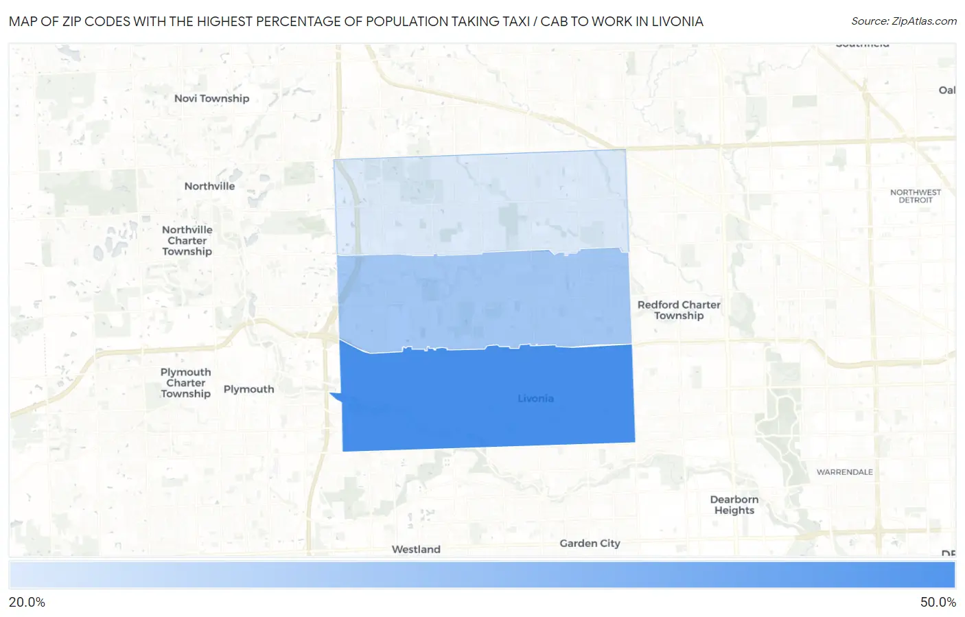 Zip Codes with the Highest Percentage of Population Taking Taxi / Cab to Work in Livonia Map