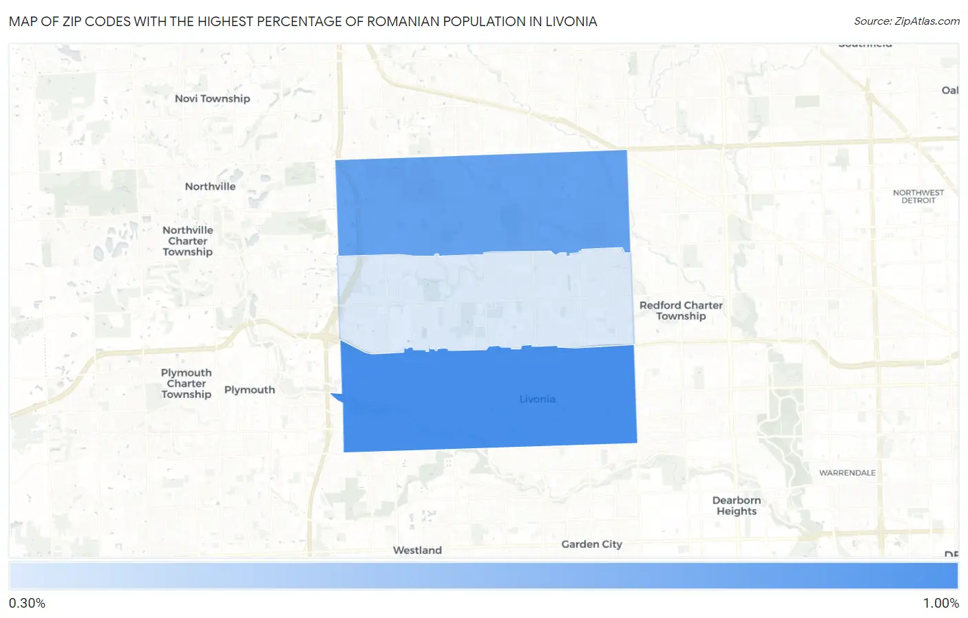 Zip Codes with the Highest Percentage of Romanian Population in Livonia Map