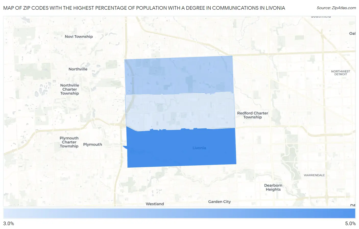 Zip Codes with the Highest Percentage of Population with a Degree in Communications in Livonia Map