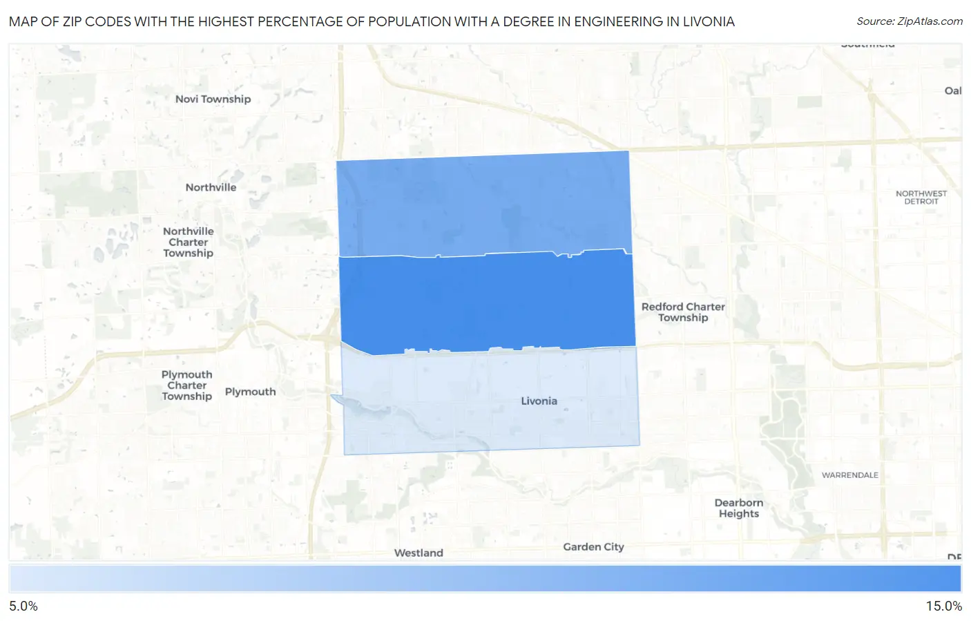 Zip Codes with the Highest Percentage of Population with a Degree in Engineering in Livonia Map