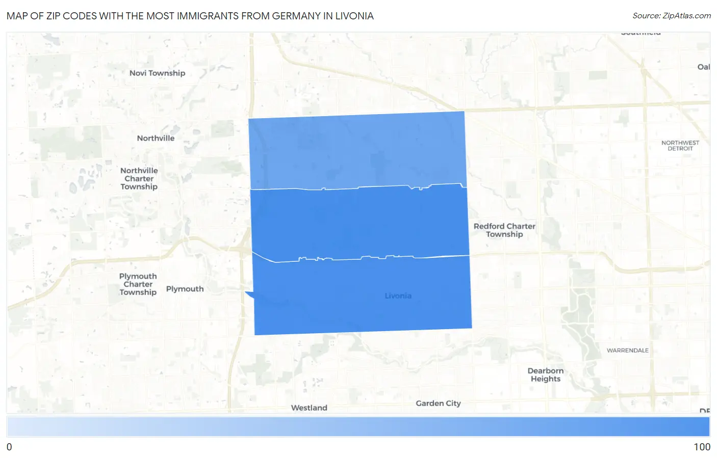 Zip Codes with the Most Immigrants from Germany in Livonia Map