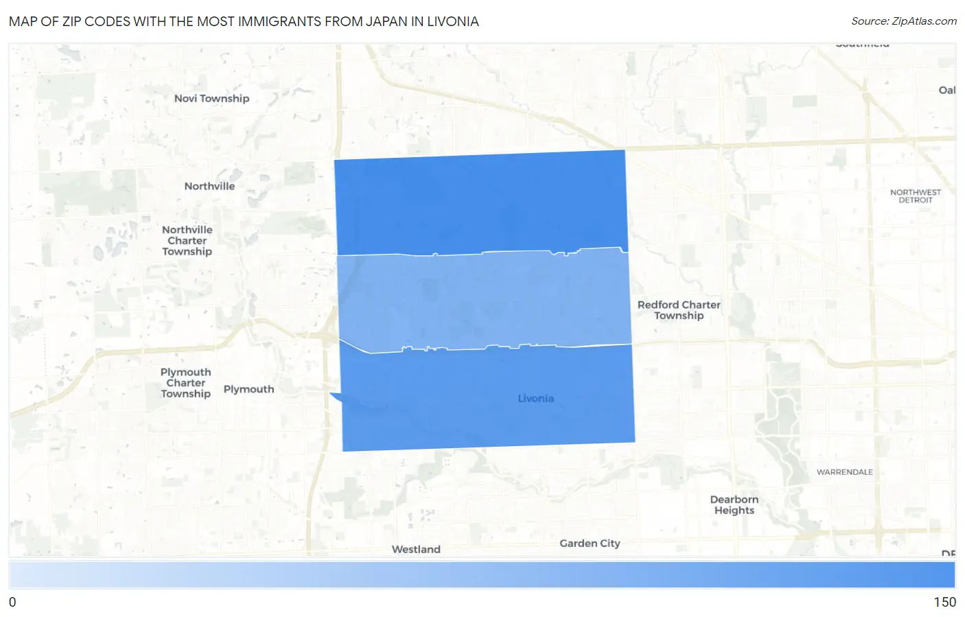 Zip Codes with the Most Immigrants from Japan in Livonia Map