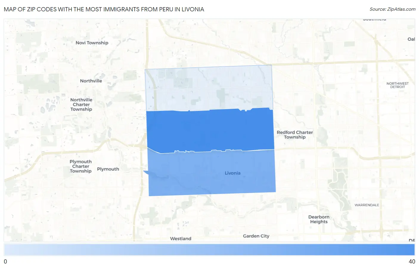 Zip Codes with the Most Immigrants from Peru in Livonia Map