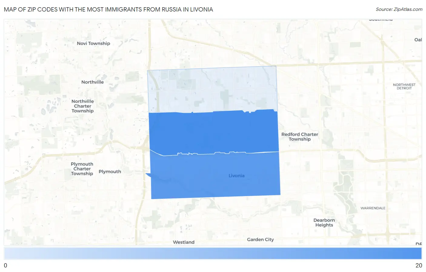 Zip Codes with the Most Immigrants from Russia in Livonia Map