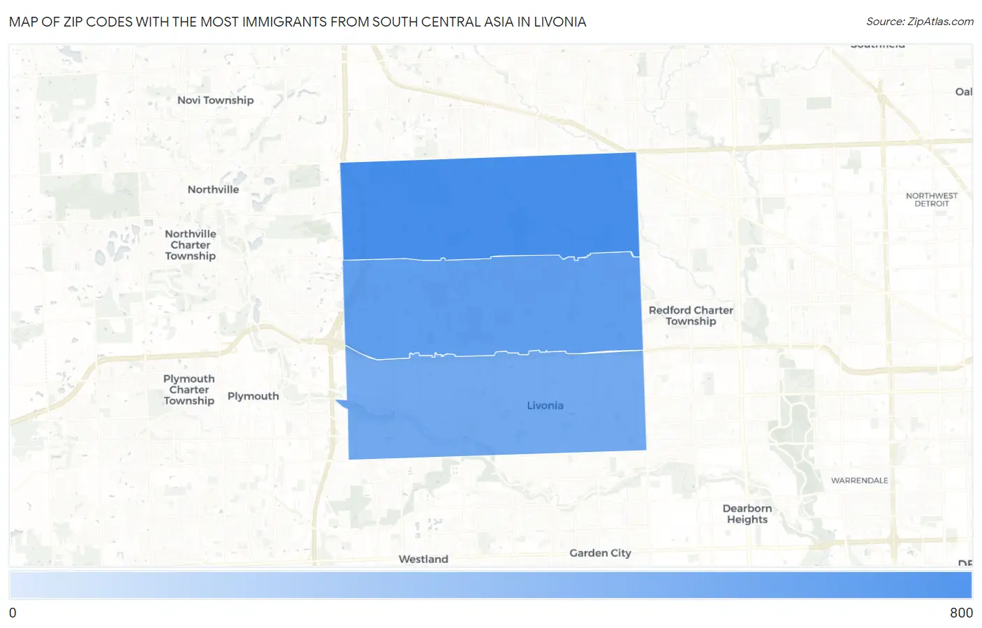 Zip Codes with the Most Immigrants from South Central Asia in Livonia Map