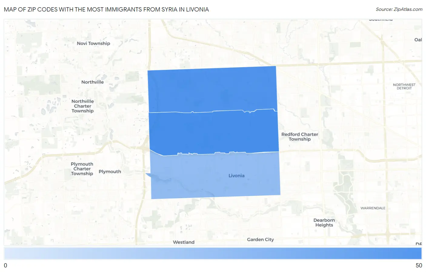 Zip Codes with the Most Immigrants from Syria in Livonia Map