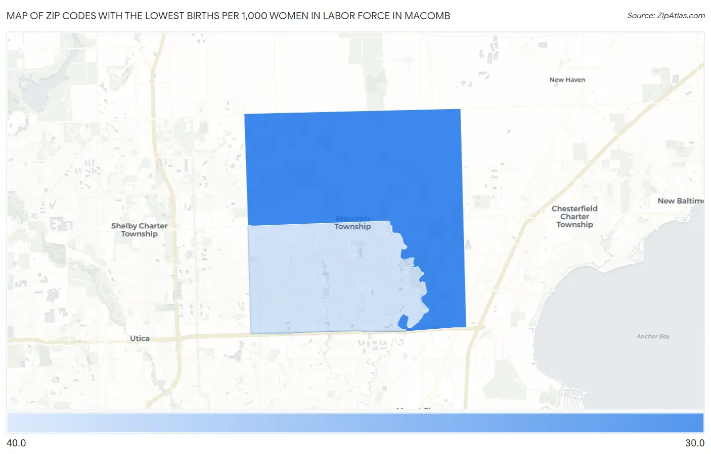 Zip Codes with the Lowest Births per 1,000 Women in Labor Force in Macomb Map