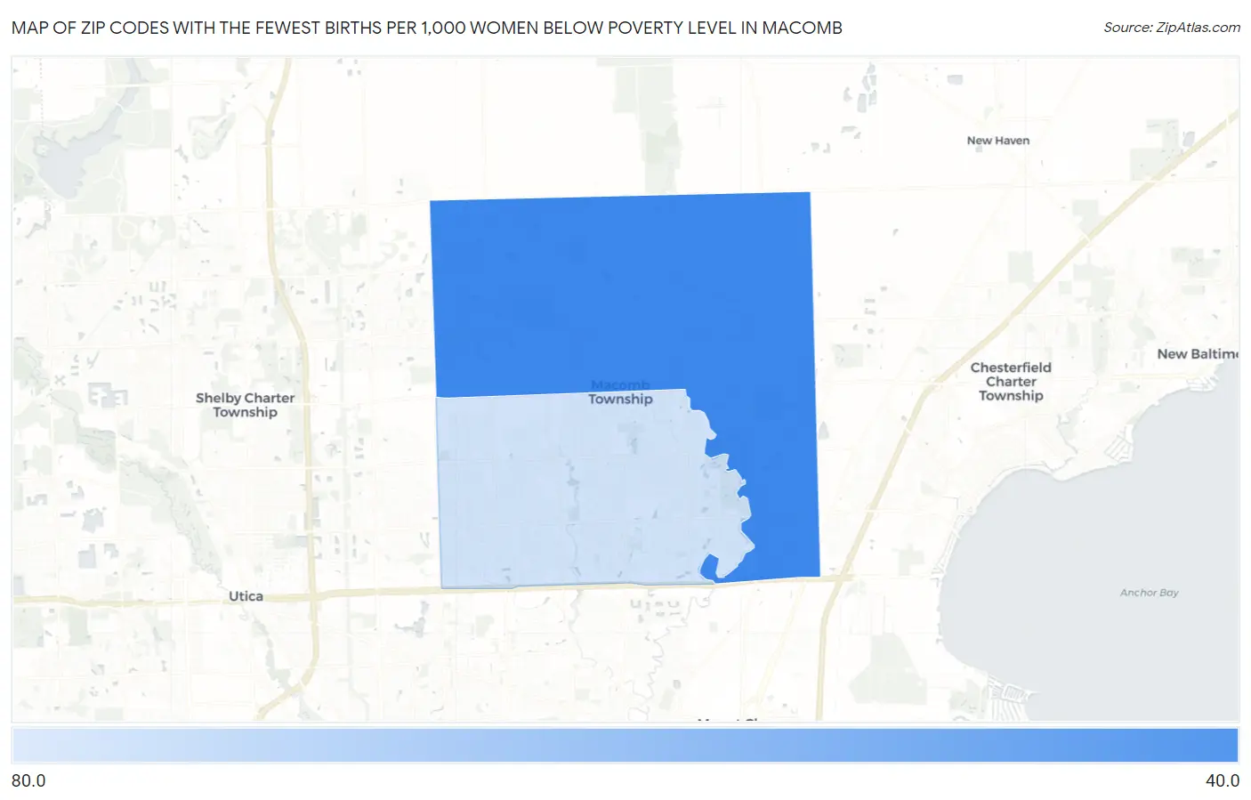Zip Codes with the Fewest Births per 1,000 Women Below Poverty Level in Macomb Map