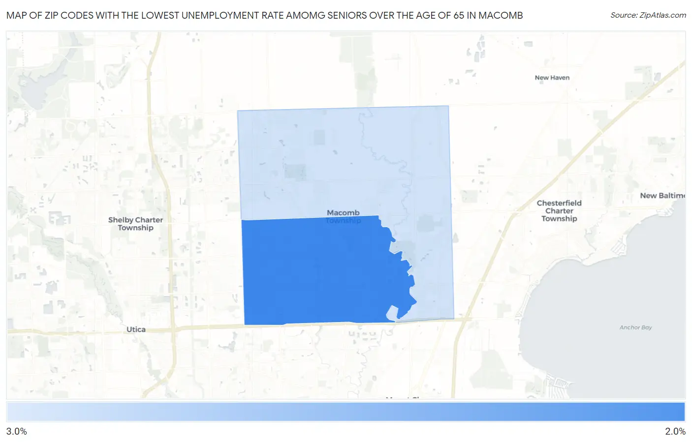 Zip Codes with the Lowest Unemployment Rate Amomg Seniors Over the Age of 65 in Macomb Map