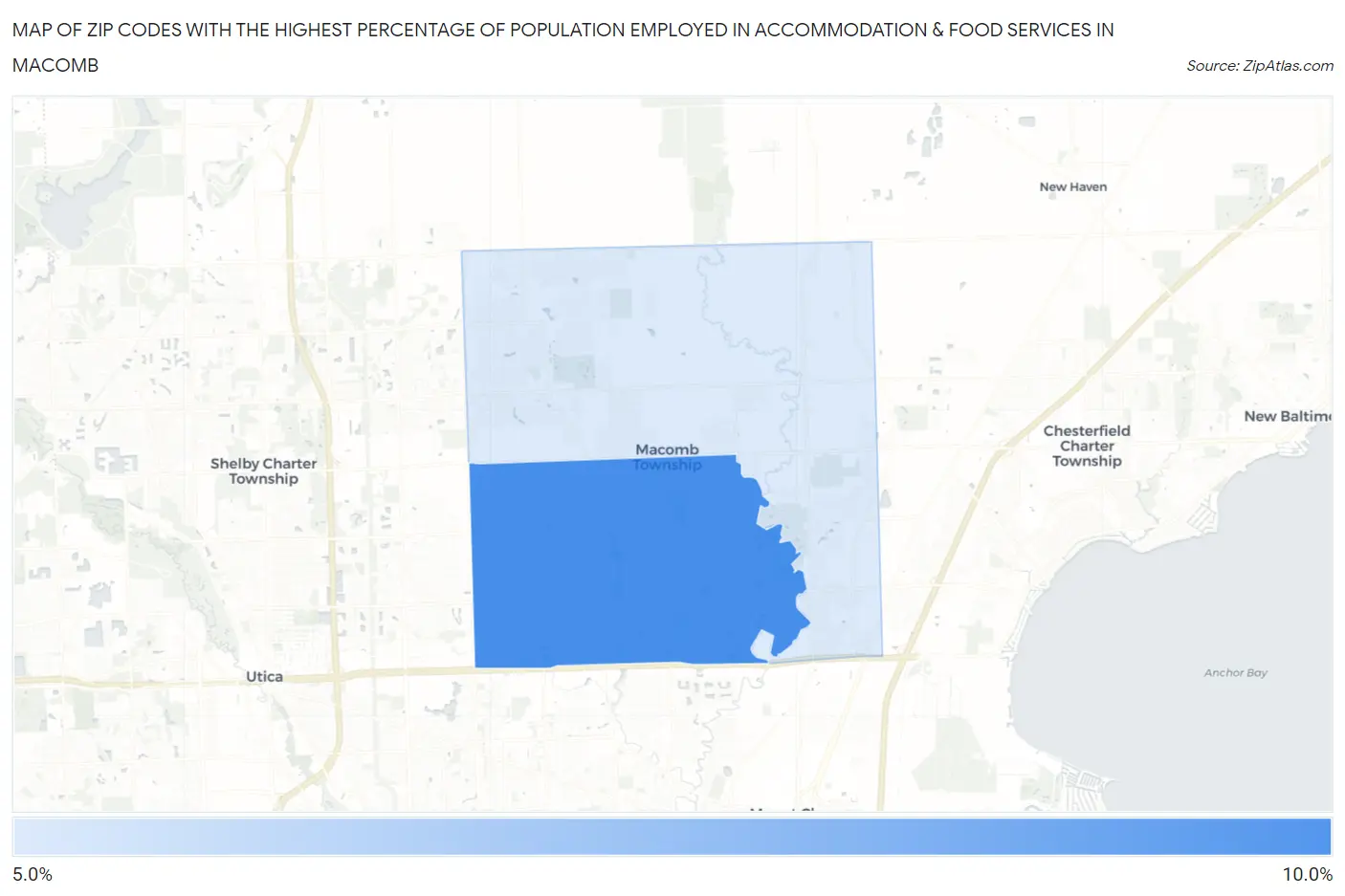 Zip Codes with the Highest Percentage of Population Employed in Accommodation & Food Services in Macomb Map