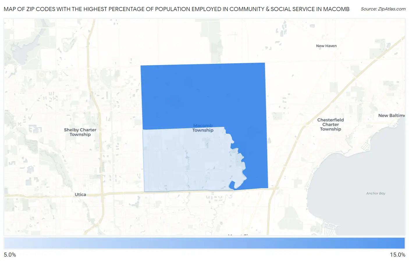 Zip Codes with the Highest Percentage of Population Employed in Community & Social Service  in Macomb Map