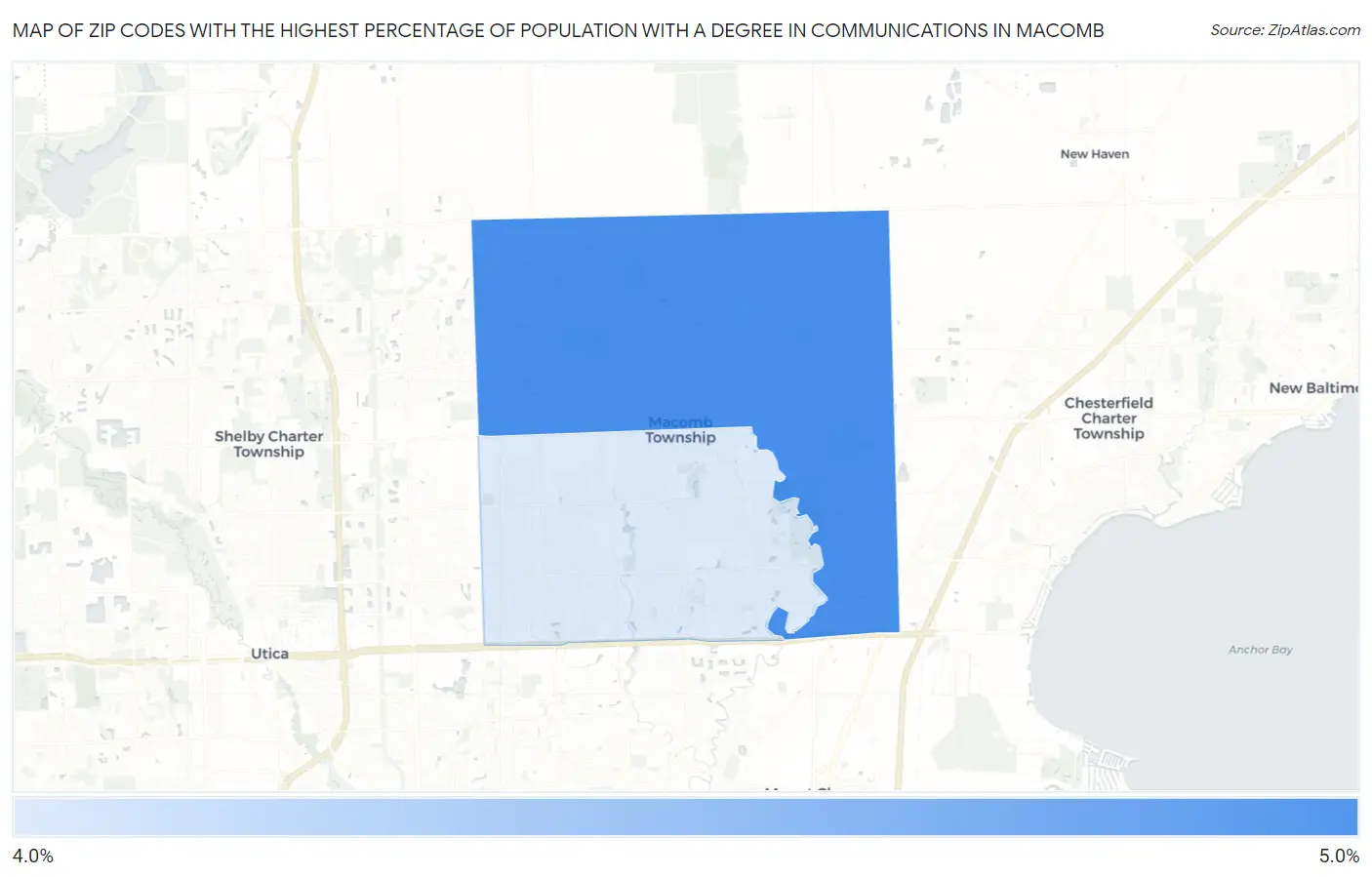 Zip Codes with the Highest Percentage of Population with a Degree in Communications in Macomb Map