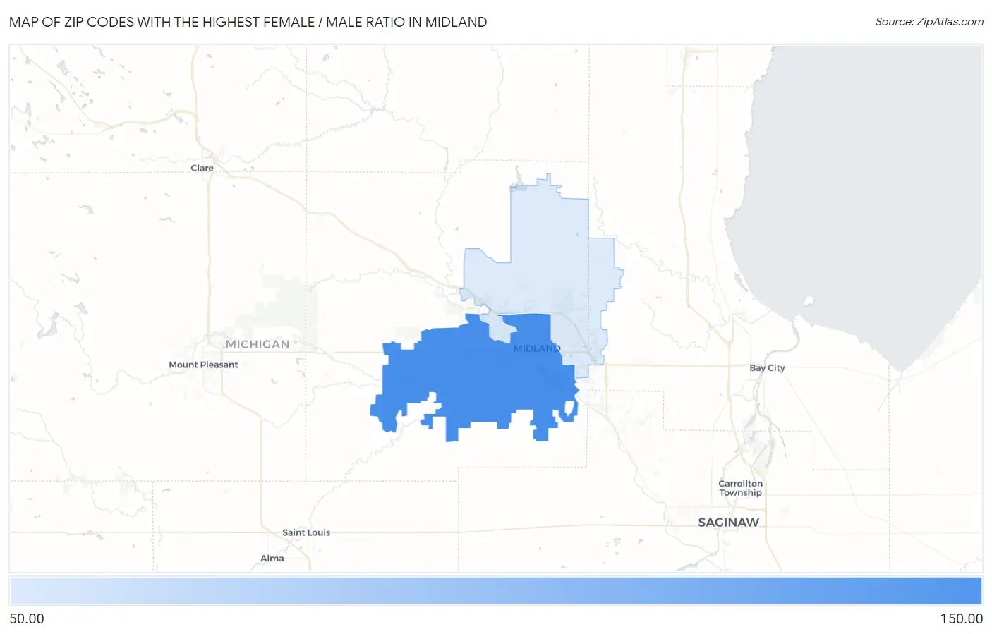 Zip Codes with the Highest Female / Male Ratio in Midland Map