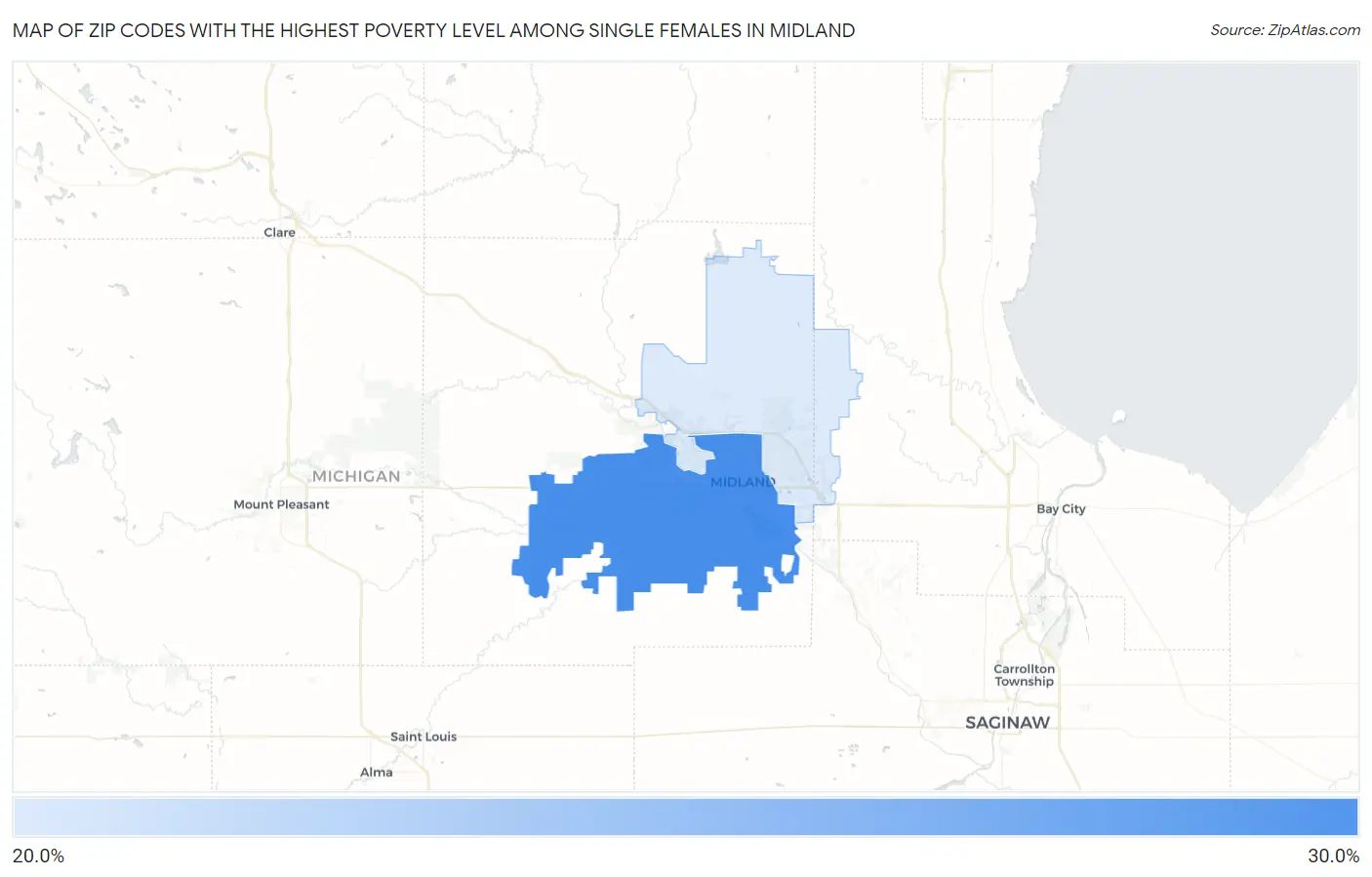 Zip Codes with the Highest Poverty Level Among Single Females in Midland Map