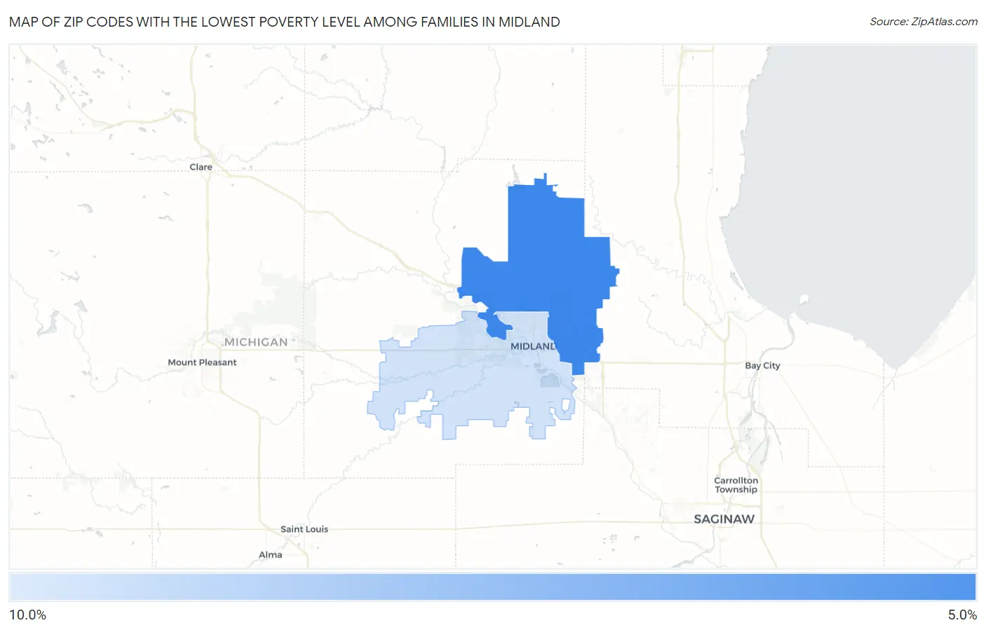 Zip Codes with the Lowest Poverty Level Among Families in Midland Map