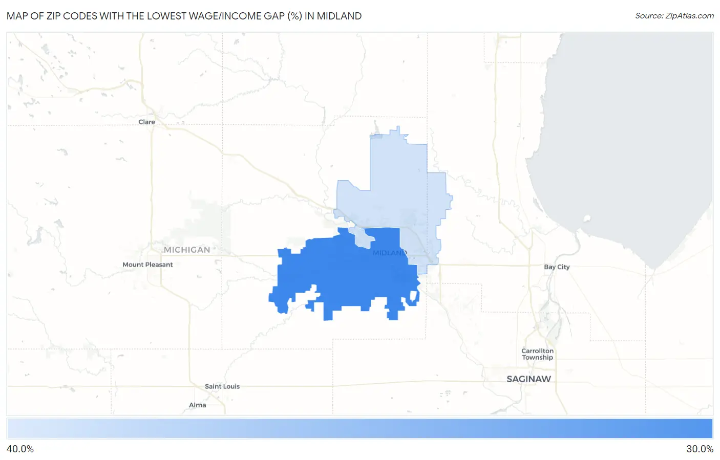 Zip Codes with the Lowest Wage/Income Gap (%) in Midland Map