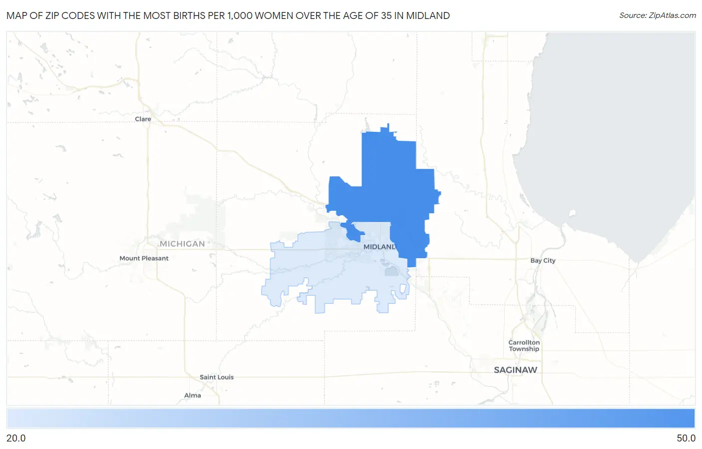Zip Codes with the Most Births per 1,000 Women Over the Age of 35 in Midland Map