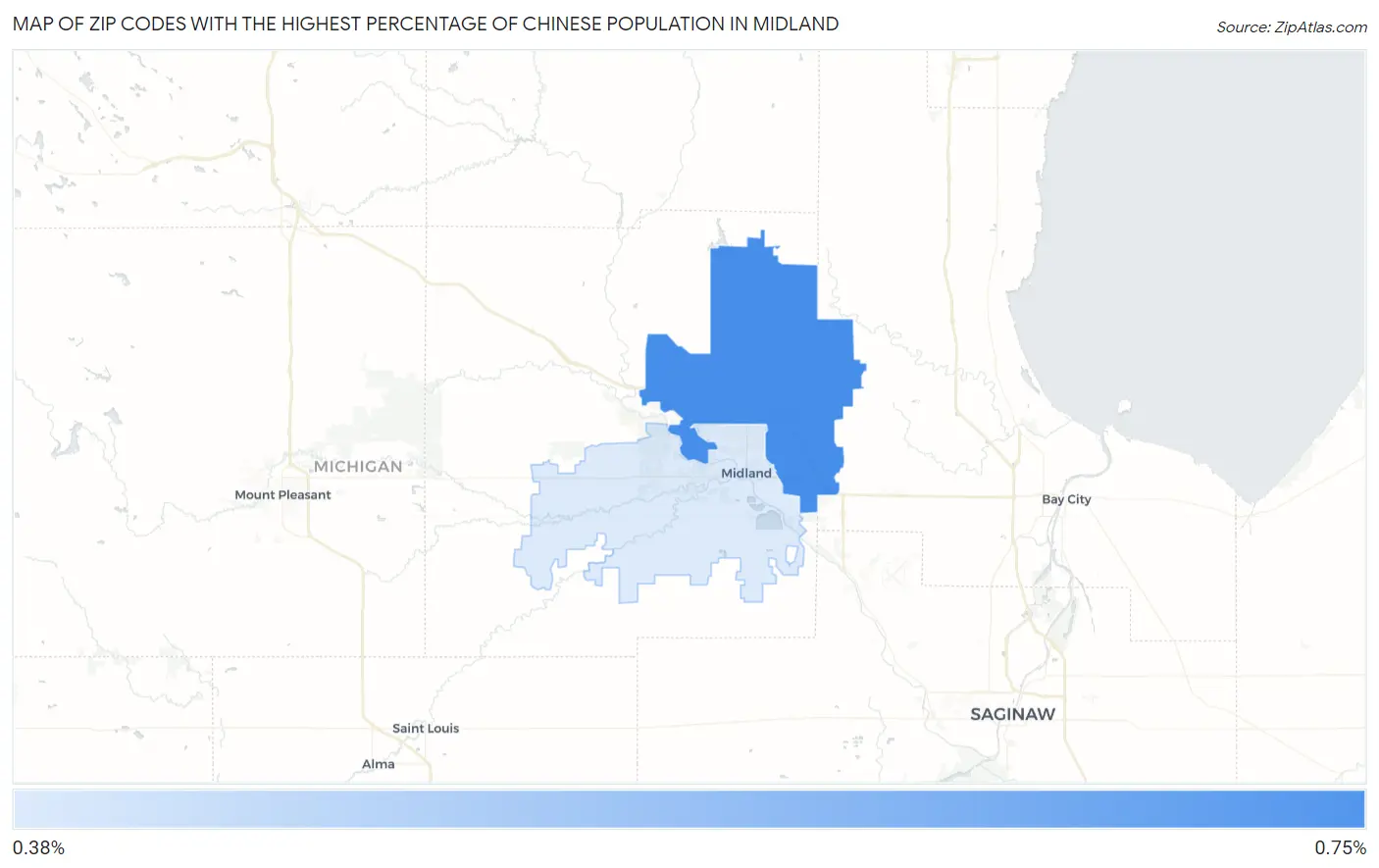 Zip Codes with the Highest Percentage of Chinese Population in Midland Map