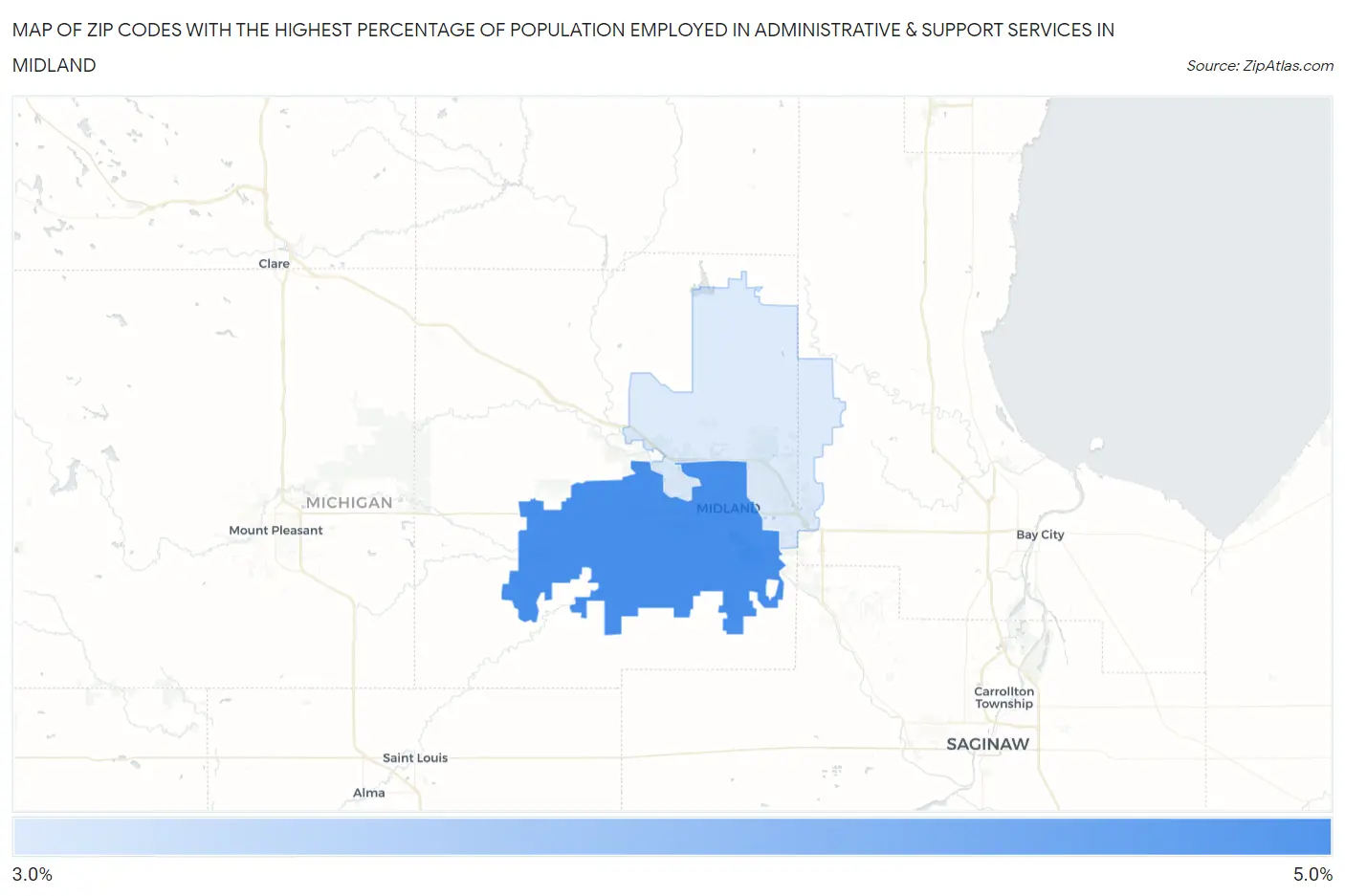 Zip Codes with the Highest Percentage of Population Employed in Administrative & Support Services in Midland Map