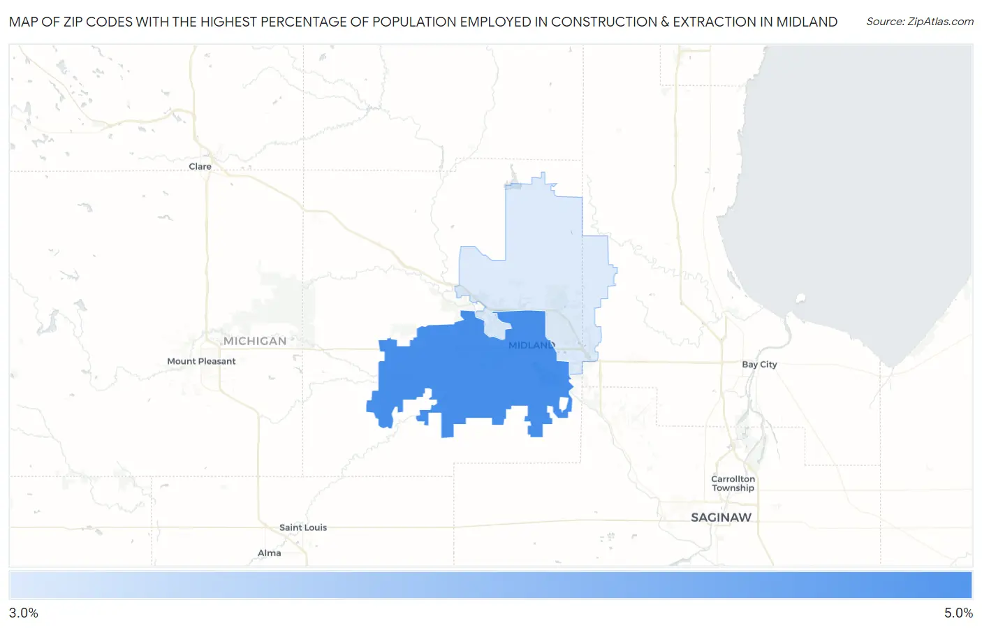 Zip Codes with the Highest Percentage of Population Employed in Construction & Extraction in Midland Map