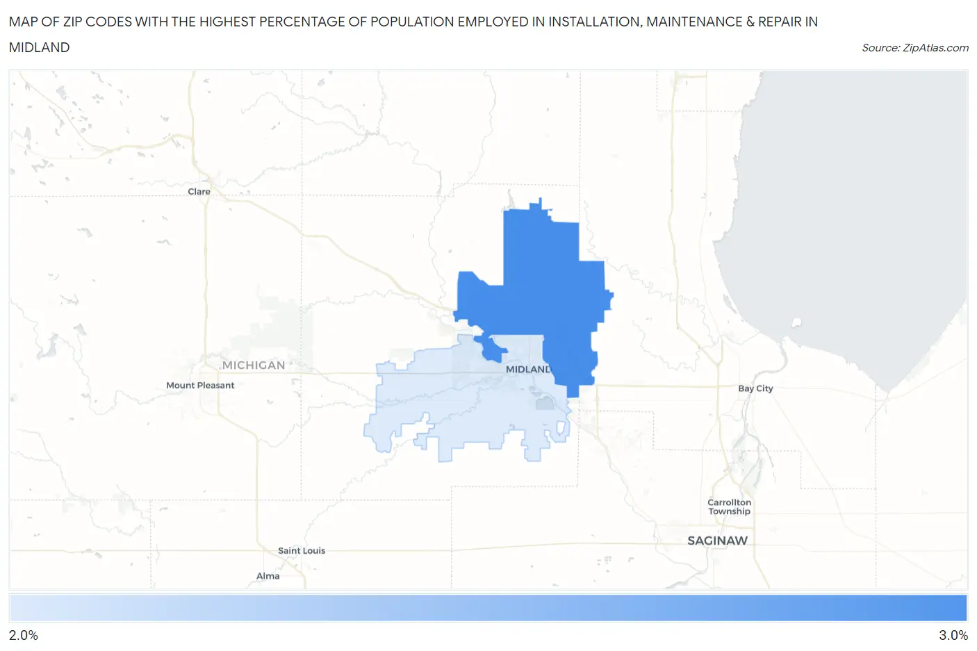 Zip Codes with the Highest Percentage of Population Employed in Installation, Maintenance & Repair in Midland Map