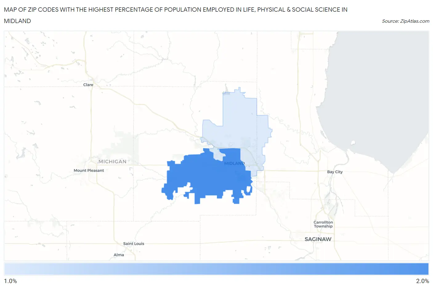 Zip Codes with the Highest Percentage of Population Employed in Life, Physical & Social Science in Midland Map