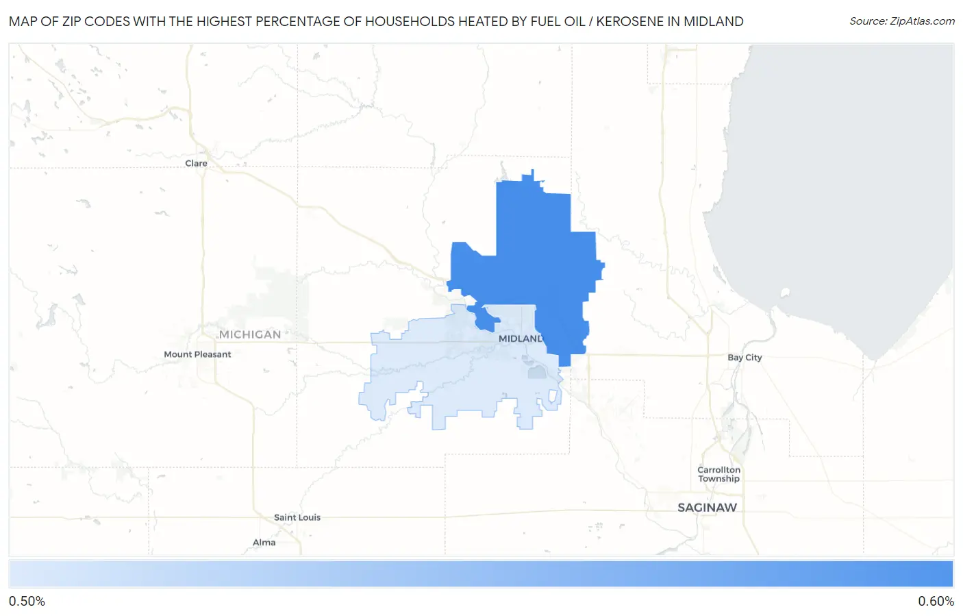 Zip Codes with the Highest Percentage of Households Heated by Fuel Oil / Kerosene in Midland Map