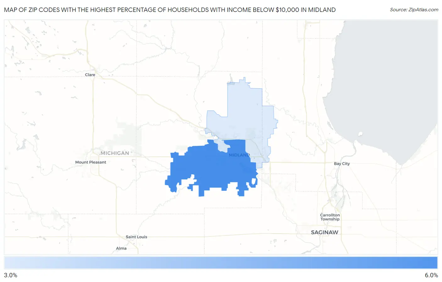 Zip Codes with the Highest Percentage of Households with Income Below $10,000 in Midland Map