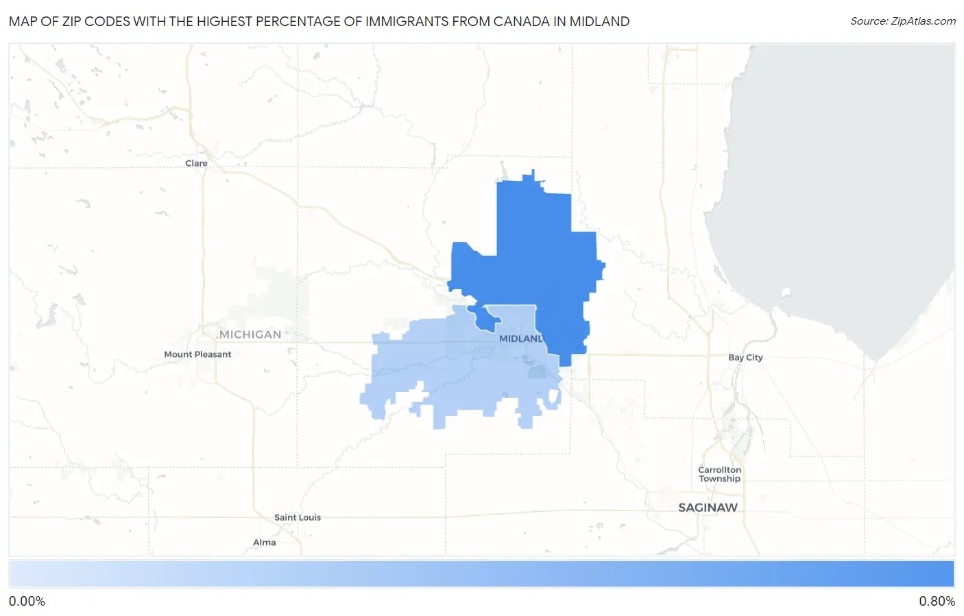 Zip Codes with the Highest Percentage of Immigrants from Canada in Midland Map